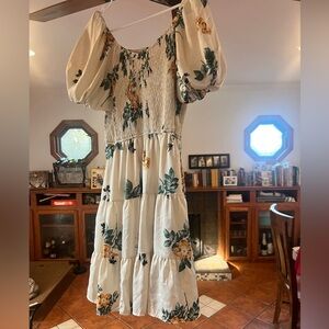 Off the shoulder puff sleeve white floral dress